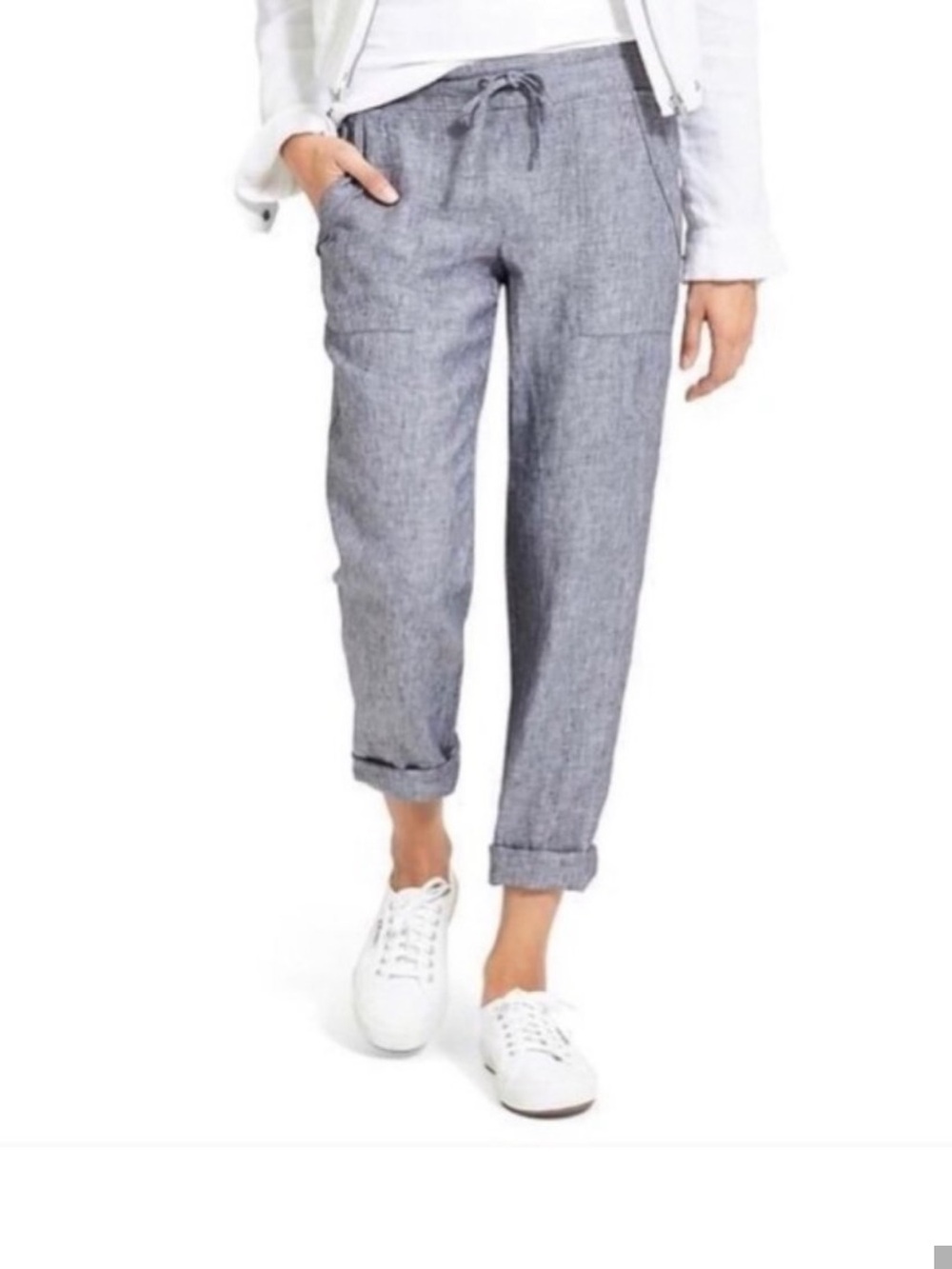 Athleta Linen Gray Drawstring Linen Cropped Pants Front Pockets Preppy - Picture 1 of 12
